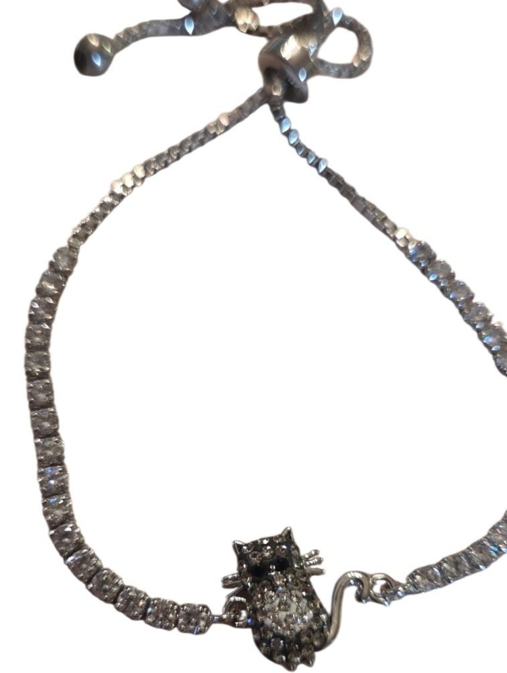 Silver Crystal Cat Charm Tennis Bracelet - Silver